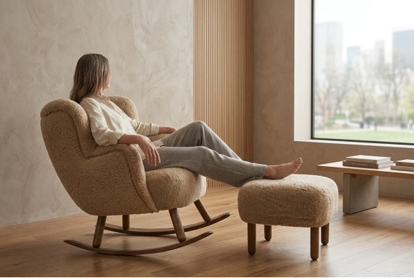 Beiger Schaukelstuhl Luxus Hocker Wohnzimmer Garnitur Polster Hocker 2tlg