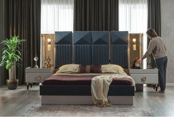 Moderne Schlafzimmer Möbel Designer Graues Bett 2x Holz Nachttische 3tlg