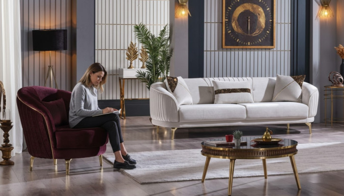 Sofagarnitur Edelstahlfüße Dreisitzer + Sessel Moderne Wohnzimmer Couch