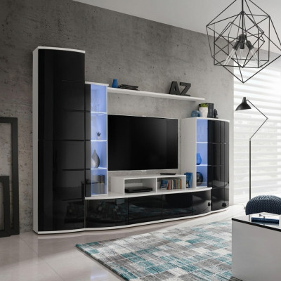 Schwarz Wohnwand Wohnzimmer Luxus Set Vitrine TV Ständer Holz Möbel Neu
