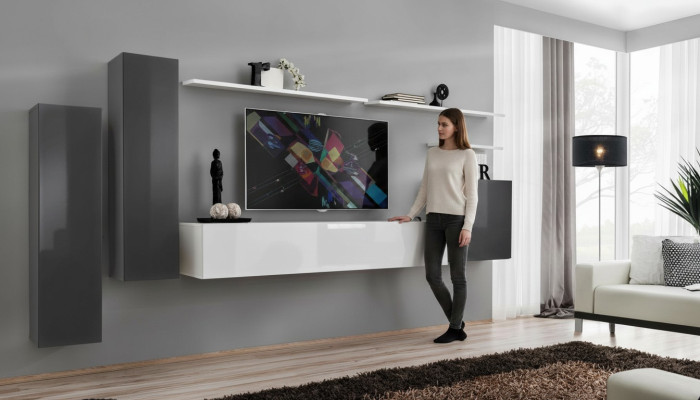 Wohnwand Grau Möbel Wohnzimmer Designer Luxus TV Ständer Holz Wandregal Komplett