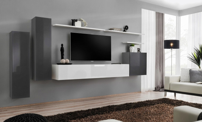 Wohnwand Grau Möbel Wohnzimmer Designer Luxus TV Ständer Holz Wandregal Komplett