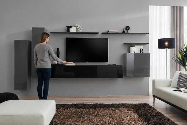 Luxus Wohnzimmer Moderne Designer Möbel Grau Wohnwand TV-Ständer Wandregal
