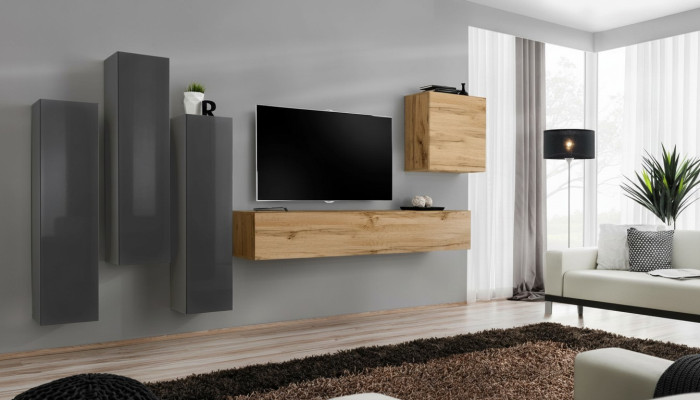Modern Wohnwände Set 5tlg Wohnzimmer Grau Holz Möbel Schrank TV-Ständer Neu
