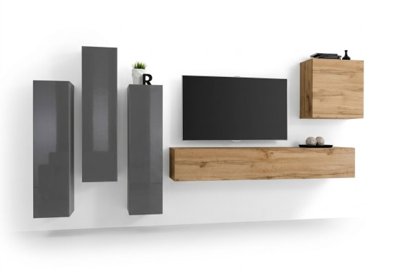 Modern Wohnwände Set 5tlg Wohnzimmer Grau Holz Möbel Schrank TV-Ständer Neu