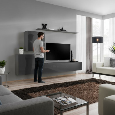 Wohnzimmer Modern Stil Wohnwände 4tlg Set Sideboard Grau Regal Neu