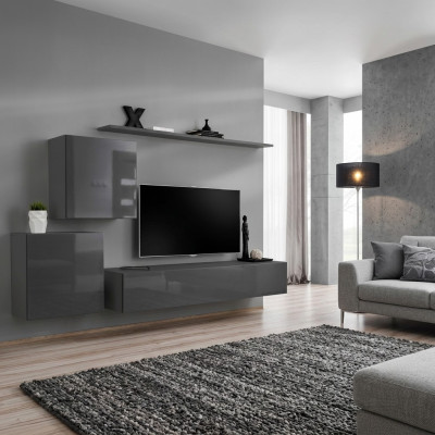 Wohnzimmer Modern Stil Wohnwände 4tlg Set Sideboard Grau Regal Neu