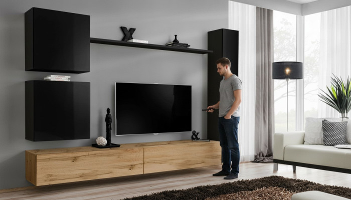 Wohnzimmer Luxus Einrichtung Wohnwand Schwarz Wandschrank Holzmöbel Stil Design