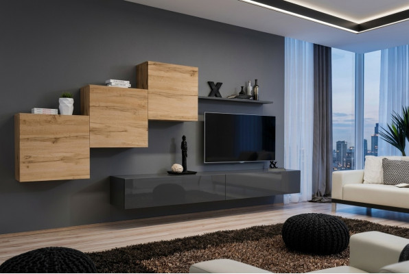 Designer Wohnzimmermöbel Wohnwand Grau TV Ständer Moderne Sideboard Wandregal