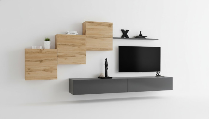 Designer Wohnzimmermöbel Wohnwand Grau TV Ständer Moderne Sideboard Wandregal