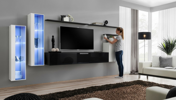 Wohnzimmer Schwarz Set Wandschrank Vitrine Luxus Wohnwände TV-Ständer Design Neu
