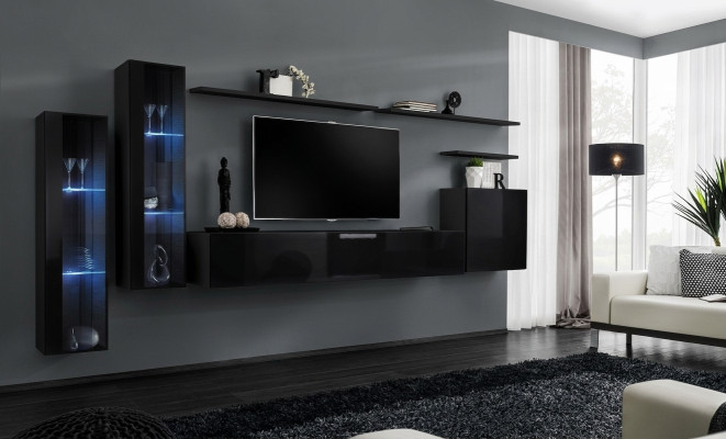 Schwarz Wohnwand Garnitur Wohnzimmer Wandregal Luxus Vitrine Komplett Set