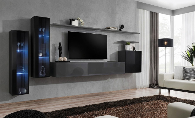 Wohnzimmer Holz Komplett Grau TV-Ständer Design 3x Wandschrank Luxus Wohnwand