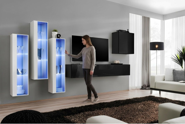 Schwarz TV Ständer Wohnwand Set 5tlg Wandschrank Holzmöbel Designer Neu