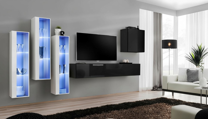 Schwarz TV Ständer Wohnwand Set 5tlg Wandschrank Holzmöbel Designer Neu