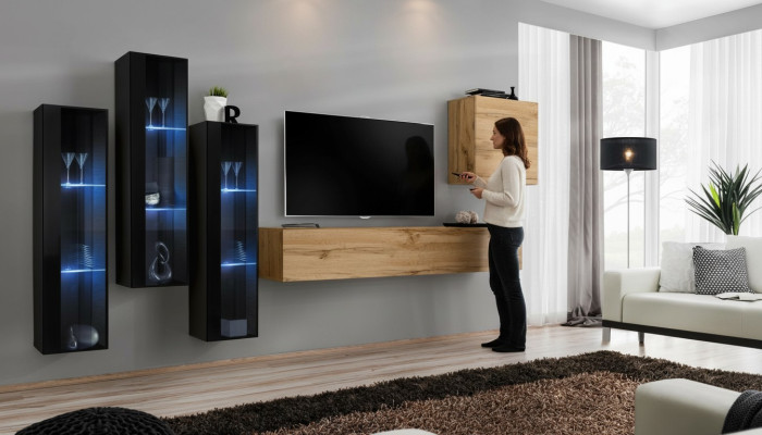 Modern Wohnwand Braun TV Ständer Wand Schrank Holzmöbel Designer Hochglanz