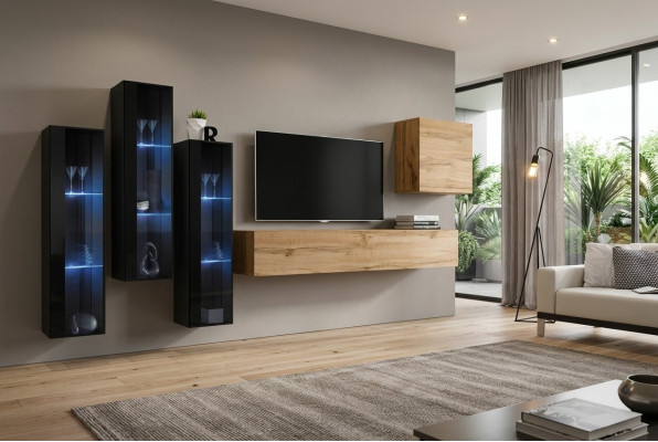 Modern Wohnwand Braun TV Ständer Wand Schrank Holzmöbel Designer Hochglanz