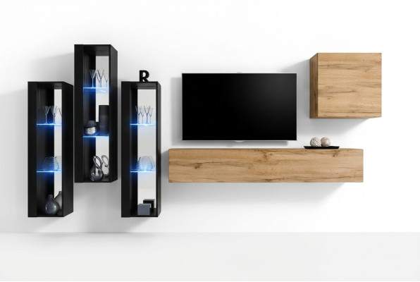 Modern Wohnwand Braun TV Ständer Wand Schrank Holzmöbel Designer Hochglanz
