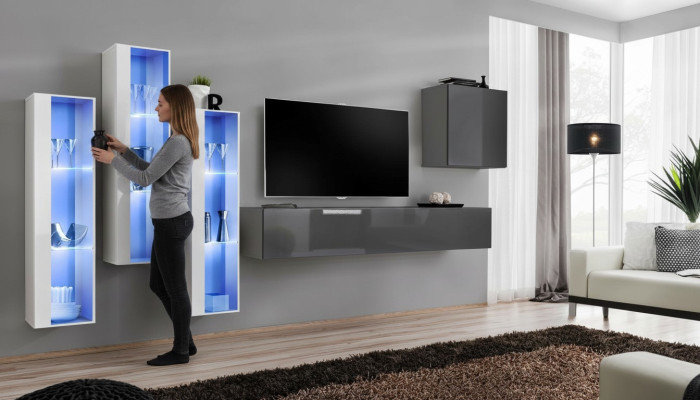 Wohnwand Grau Modern Hochglanz TV Ständer Holzmöbel Einrichtung Garnitur