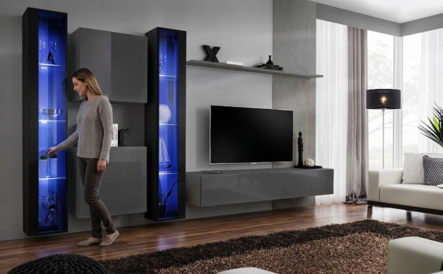 Wohnzimmermöbel 2x Wandschrank Grau Modern Sideboard Einrichtung Hänge Vitrine