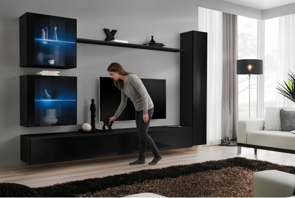 Schwarz Wohnwand Komplett Set Einrichtung Designer Möbel TV-Ständer Modern