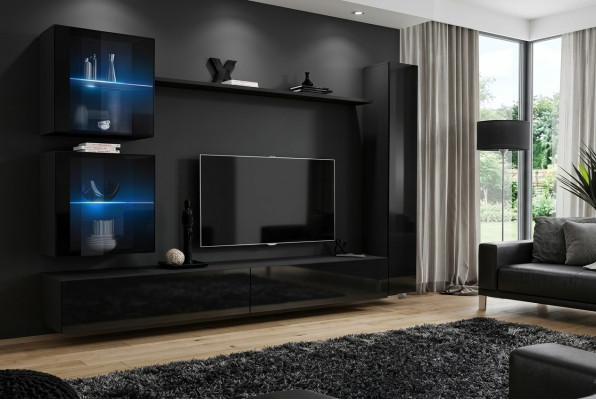 Schwarz Wohnwand Komplett Set Einrichtung Designer Möbel TV-Ständer Modern