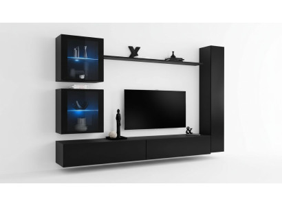Schwarz Wohnwand Komplett Set Einrichtung Designer Möbel TV-Ständer Modern
