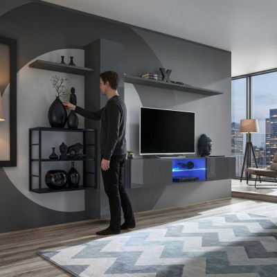 Wohnzimmermöbel Wohnwand 270 cm Wandschrank Einrichtung Grau Luxus Wand Regale