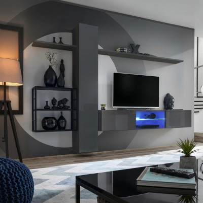 Wohnzimmermöbel Wohnwand 270 cm Wandschrank Einrichtung Grau Luxus Wand Regale