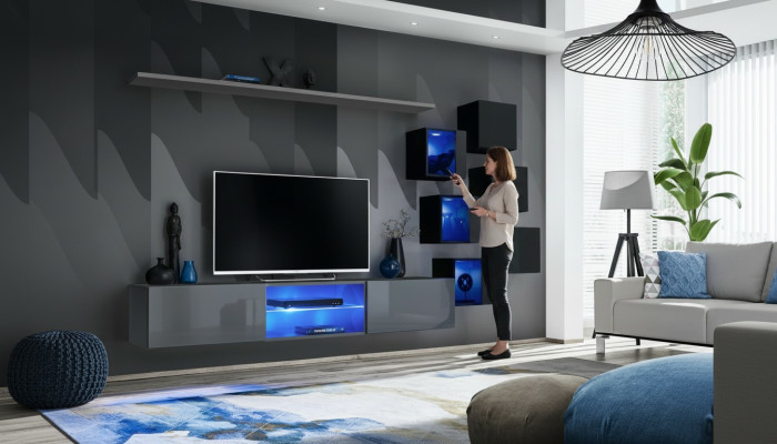 Set Modern Grau Einrichtung Wohnwand TV-Ständer Sideboard Holzmöbel Wandschrank