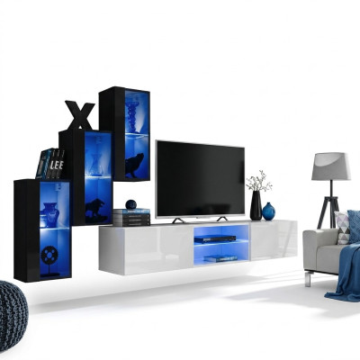 Neu Wohnwand Schwarz 3x Wandschrank Einrichtung TV-Ständer Modern Set