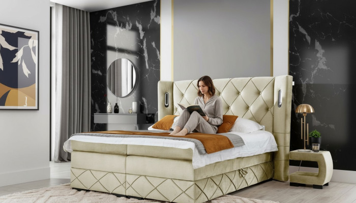 Beiges Chesterfield Polsterbett Schlafzimmer Nachttische Luxus Möbel