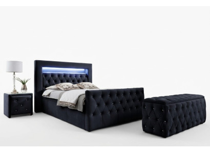 Schwarzes Chesterfield LED-Textilbett 2x Holz Nachttische Hocker 4tlg