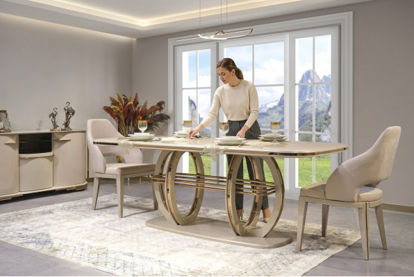 Esstisch Esszimmertisch Essecke Esszimmermöbel Tisch Holz Gold Beige