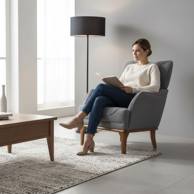 Bequemer Grauer Sessel aus Luxuriösem Textil für das Wohnzimmer Neu