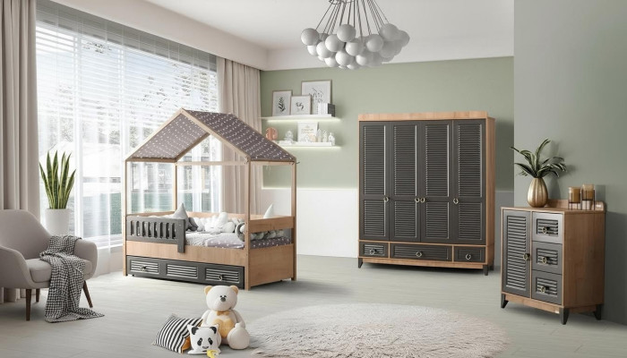 Graues Jugendzimmer Set Kinderzimmer Kommode Schrank und Bett 3tlg.