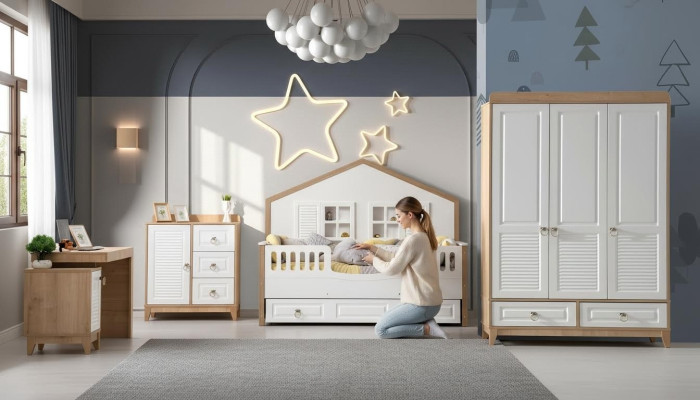 Modern Kinderzimmer Set Bett Kleiderschrank Schreibtisch Helles 4tlg Neu
