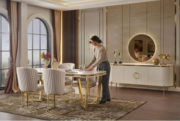 Esszimmer Set Besteht aus Design Esstisch 4x Stühle und Anrichte 7tlg.
