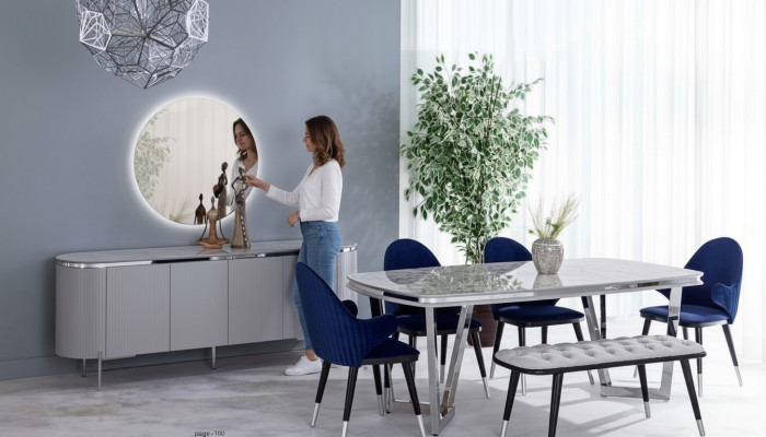 Esszimmer Set Besteht aus Esstisch 4x Stühle Spiegel Anrichte Bank 8tlg
