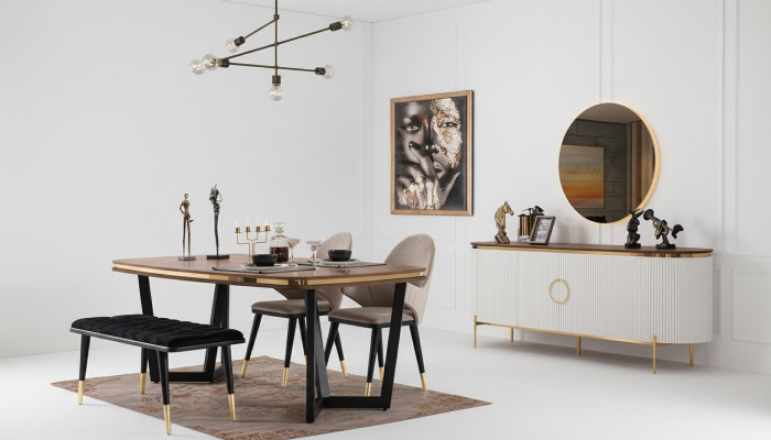 Esszimmer Set Besteht aus Esstisch 4x Stühle Bank Anrichte Spiegel 8tlg.