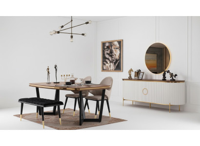 Esszimmer Set Besteht aus Esstisch 4x Stühle Bank Anrichte Spiegel 8tlg.