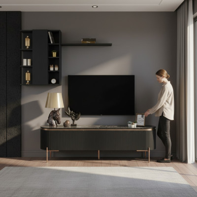 Luxuriös 2tlg.Wohnzimmer Set TV Lowboard und Wandschrank mit Regal
