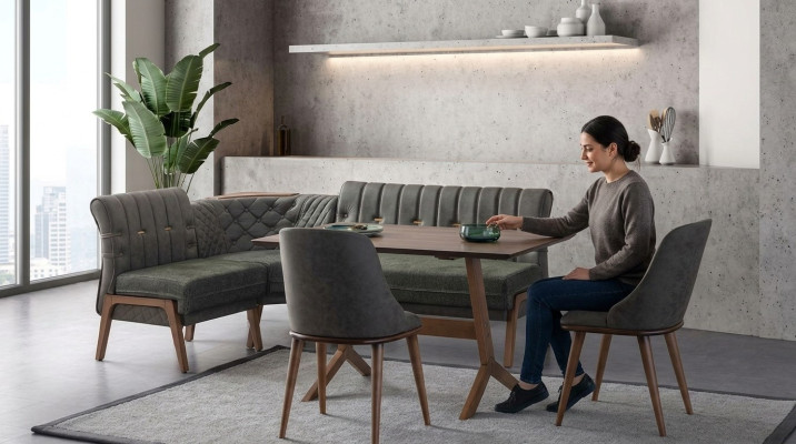 Graue Esszimmer Garnitur Holz Esstisch 2x Textilstühle Eckbank 4tlg Set