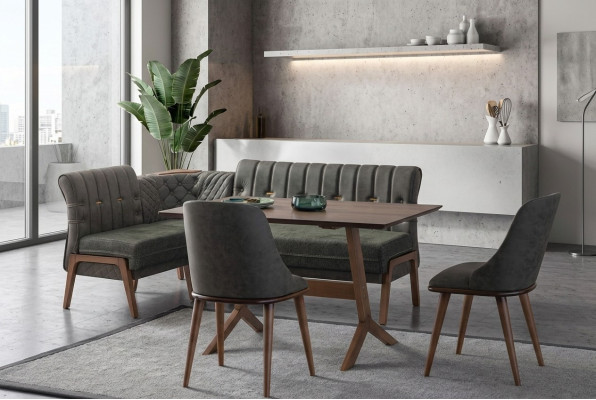 Graue Esszimmer Garnitur Holz Esstisch 2x Textilstühle Eckbank 4tlg Set