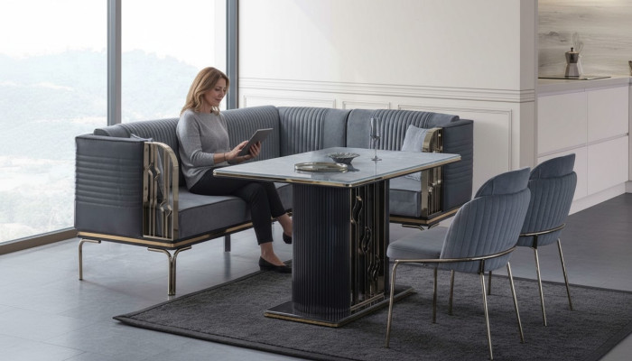 Exklusives Graues Esszimmer Set Luxus Edelstahl Tisch 2x Textil Stühle