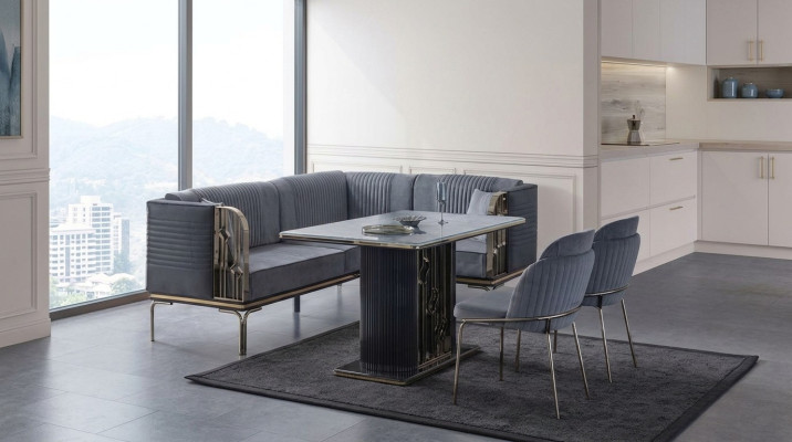 Exklusives Graues Esszimmer Set Luxus Edelstahl Tisch 2x Textil Stühle