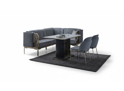 Exklusives Graues Esszimmer Set Luxus Edelstahl Tisch 2x Textil Stühle