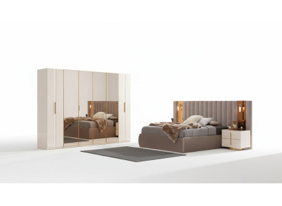 Beige Schlafzimmer Garnitur Designer Bett Kleiderschrank 2x Nachttische