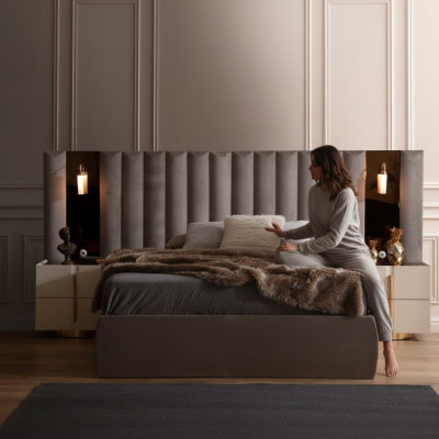 Braunes Schlafzimmer Set Designer Doppelbett Weiße 2x Nachttische 3tlg