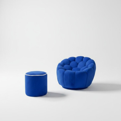  Blauer Sessel Designer Wohnzimmer Set 2tlg Exklusiver Polster Hocker